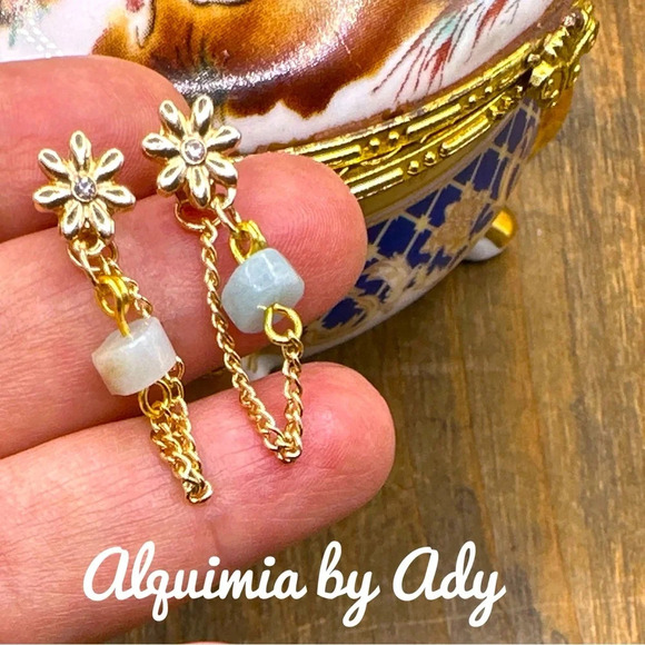 Baby Blue Amazonite gold super dainty handmade dangle tassel stud earrings - Picture 1 of 4